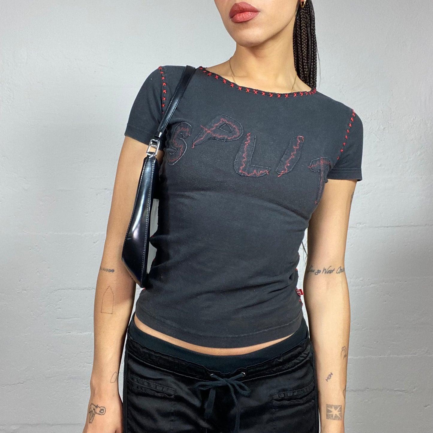 Vintage 2000's Rave Girl Black Top with „SPLIT“ Patch and Red Contrast Stiching (S)