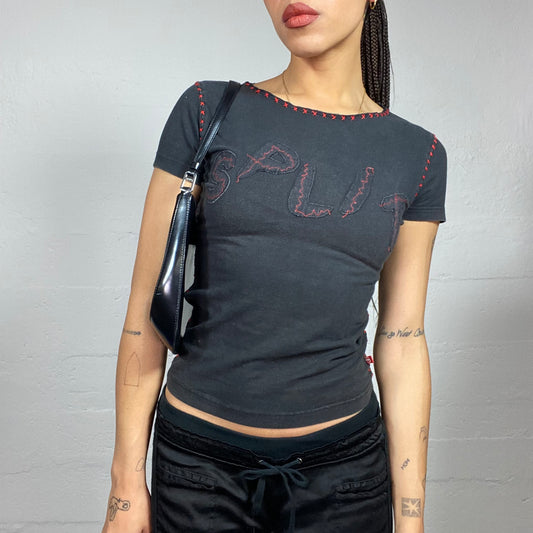 Vintage 2000's Rave Girl Black Top with „SPLIT“ Patch and Red Contrast Stiching (S)