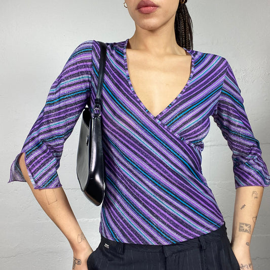 Vintage 90's Morgan College Girl Purple Glitter Longsleeve Top with Stripes Print (S)