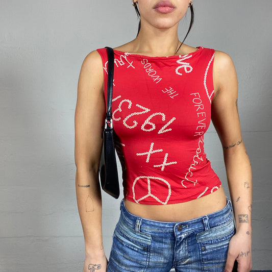 Vintage 2000's Sleaze Red Top with Mixed Print Detail (S)