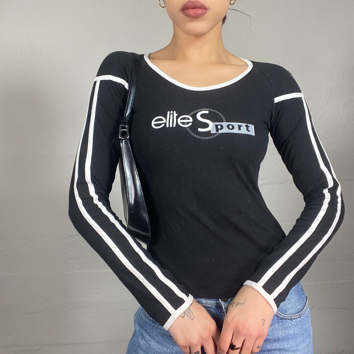 Vintage 2000's Elite Downtown Girl Black Longsleeve Top with White Stripes and Brand Print Detail (S)