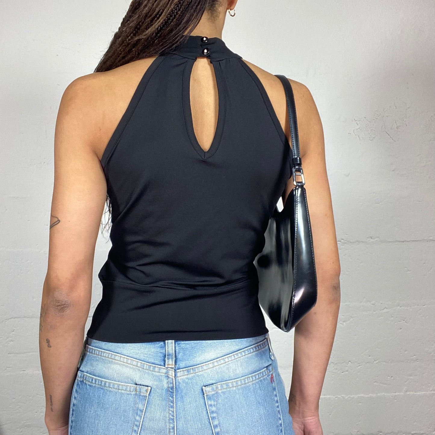 Vintage 2000's Clubwear Black Highneck Top with Silver Studed Details (S/M)