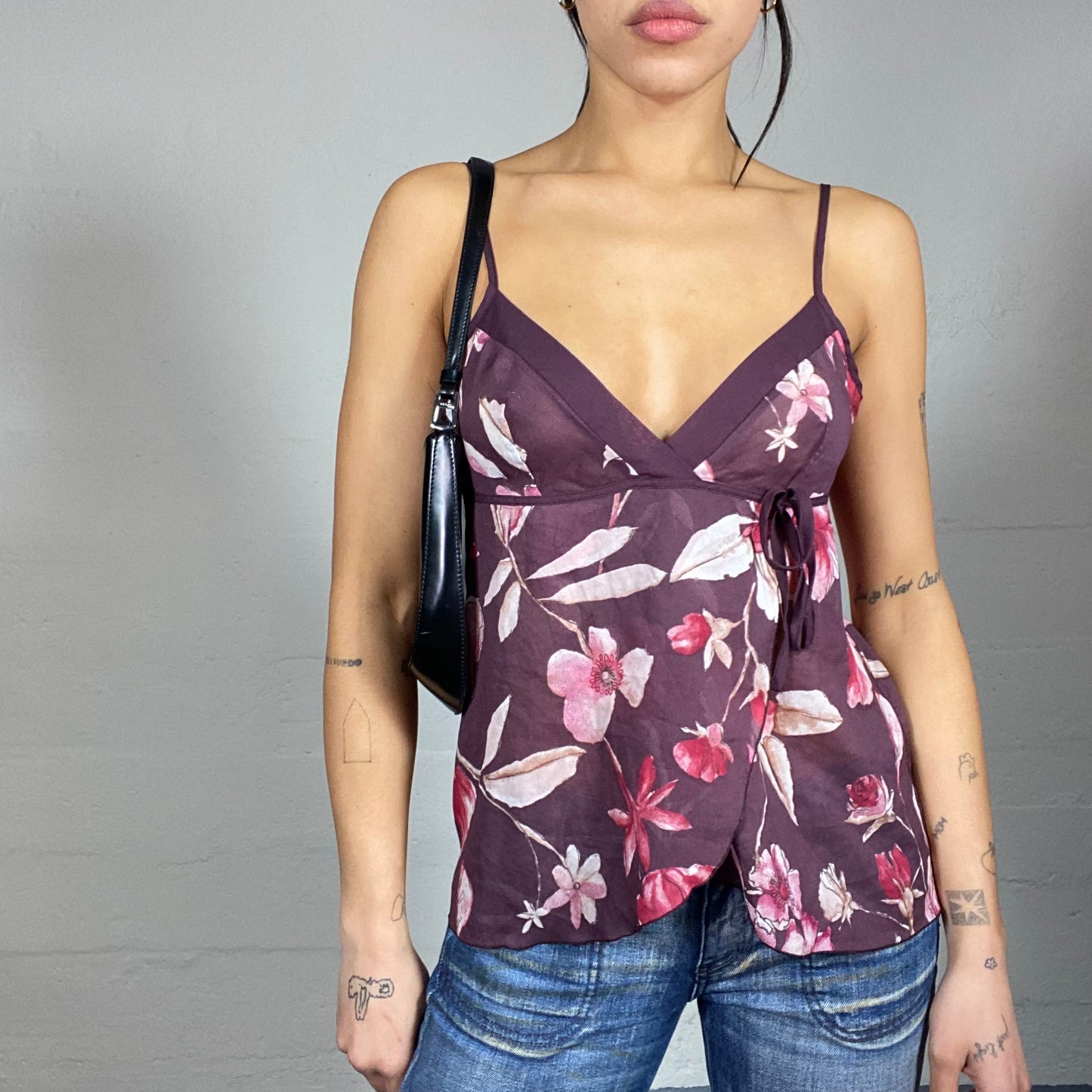 Vintage 2000's Romantic Purple Top with Pink Floral Print (S/M)