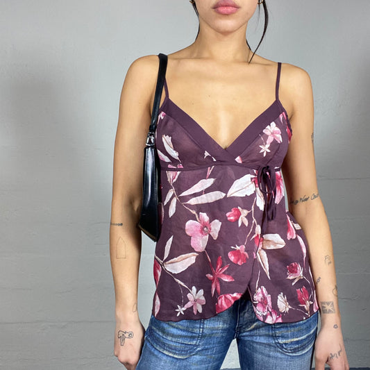 Vintage 2000's Romantic Purple Top with Pink Floral Print (S/M)