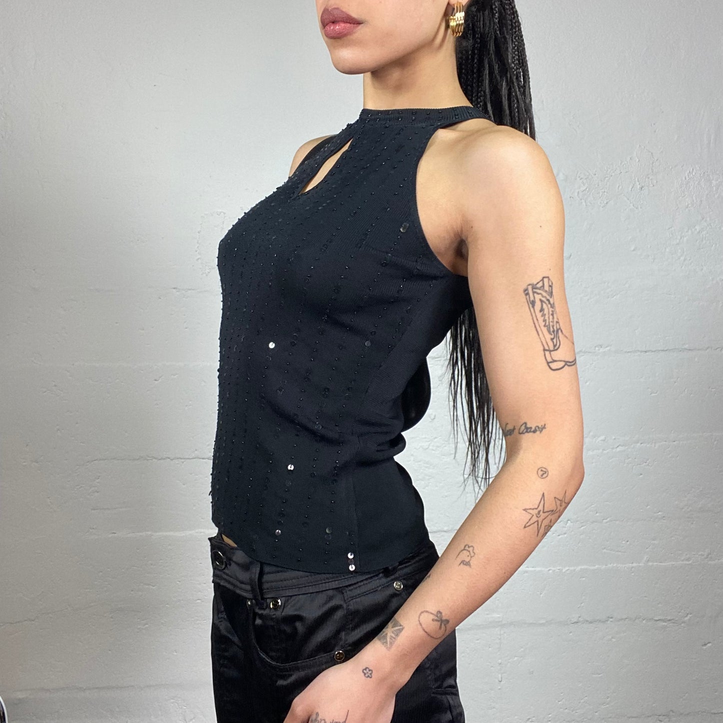 Vintage 2000's Burlesque Black Sequins Covering Top with Open Chest Neckline Part Detail (S)