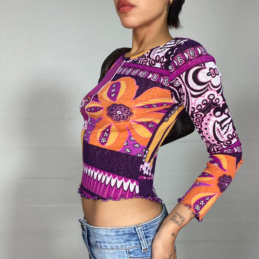 Vintage 2000's Funky Purple Longsleeve Top with Orange Floral Print (S/M)