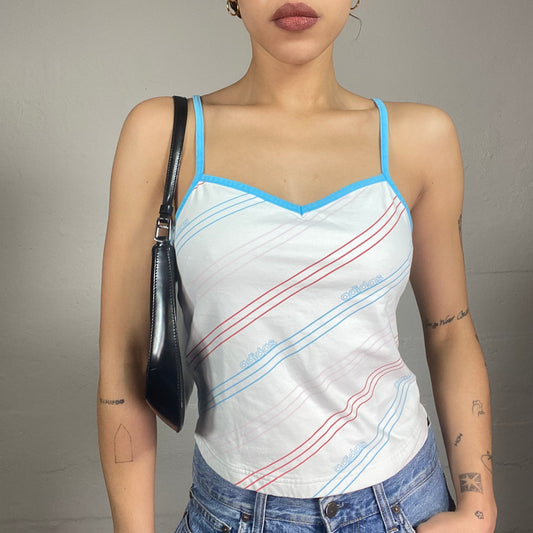Vintage 2000's Adidas Downtown Girl White Top with Stripes and Brand Print Detail (M)