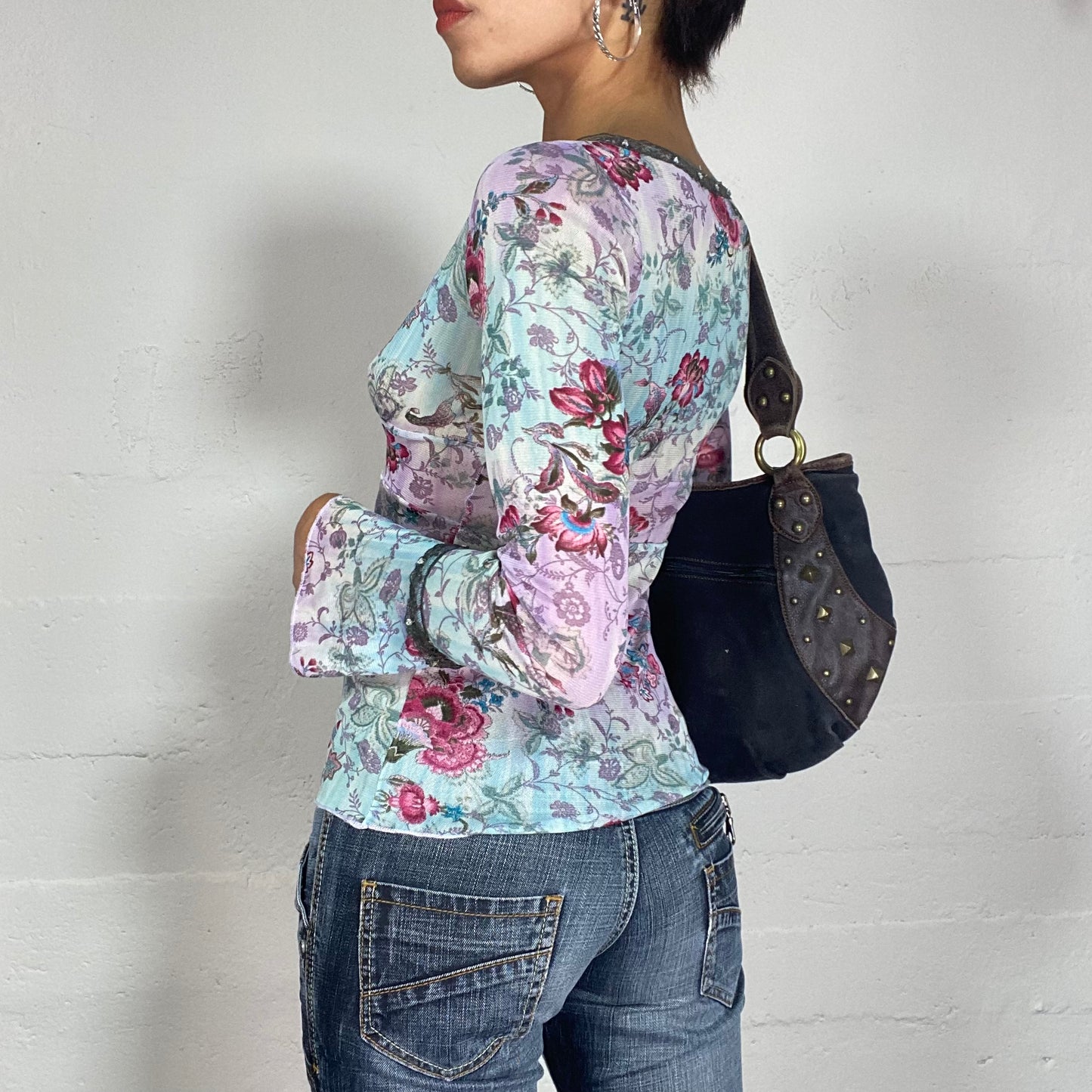 Vintage 90's Boho Blue Longsleeve Top with Pink Sakura Flower Print (S/M)