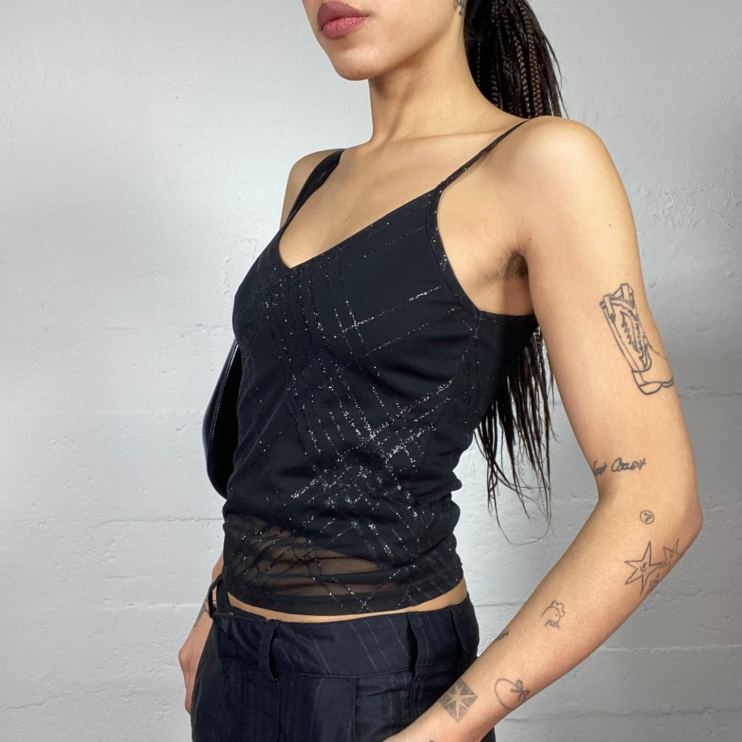 Vintage 2000's Clubwear Black Top with Glittery Lines Print Detail (S)