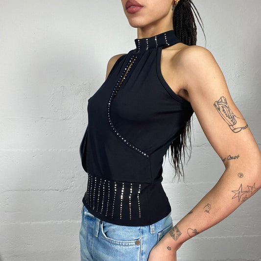 Vintage 2000's Clubwear Black Highneck Top with Silver Studed Details (S/M)