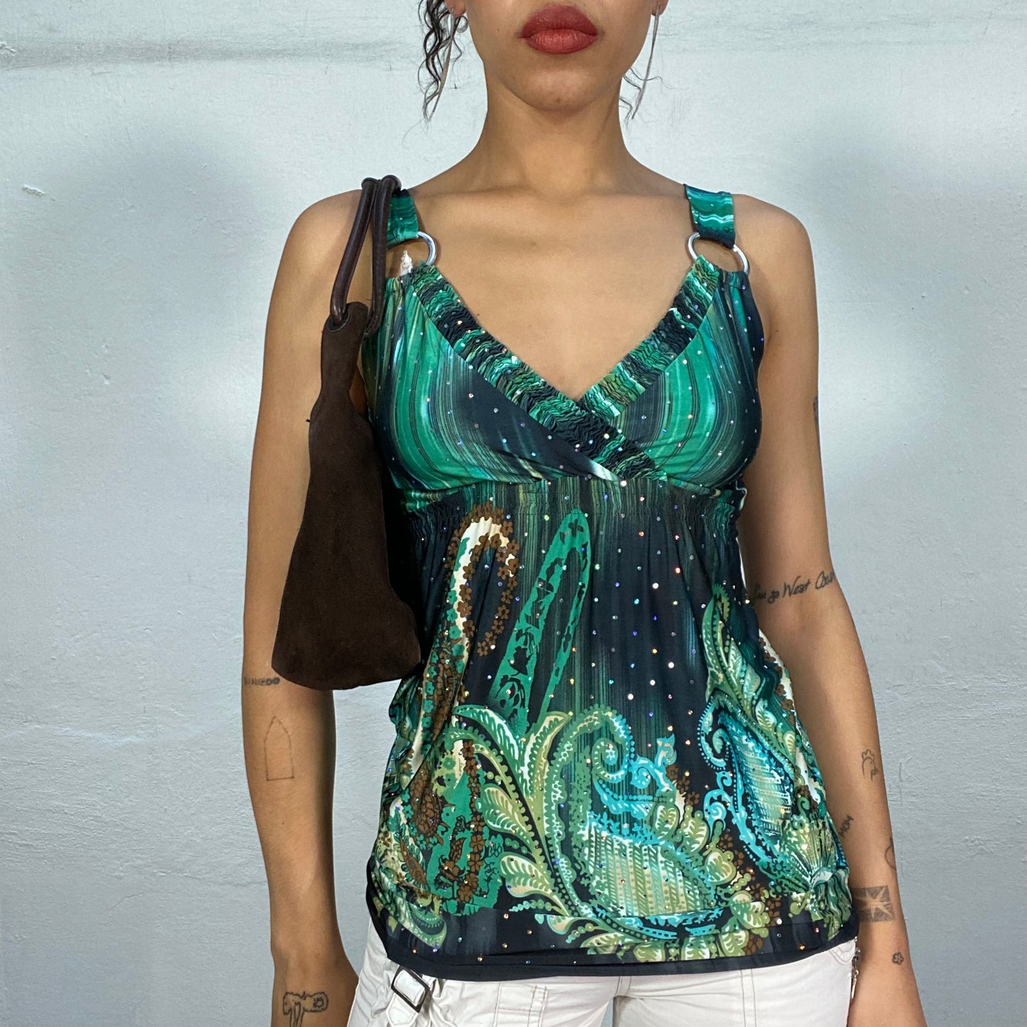 Vintage 2000's Indie Blue and Green Top with Paisely Print and Ring Details (S/M)