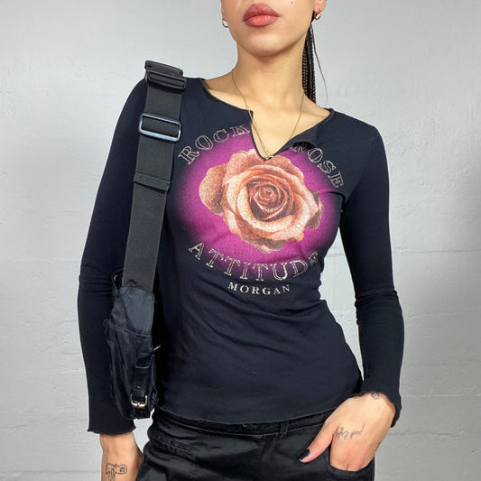Vintage 2000's Morgan Downtown Girl Black Longsleeves Top with Rose Print (S)