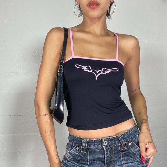 Vintage 2000's Downtown Girl Black Top with Pink Trim and Angel Heart Print (S)