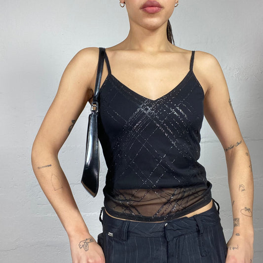 Vintage 2000's Clubwear Black Top with Glittery Lines Print Detail (S)