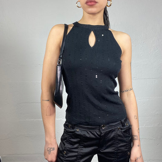 Vintage 2000's Burlesque Black Sequins Covering Top with Open Chest Neckline Part Detail (S)
