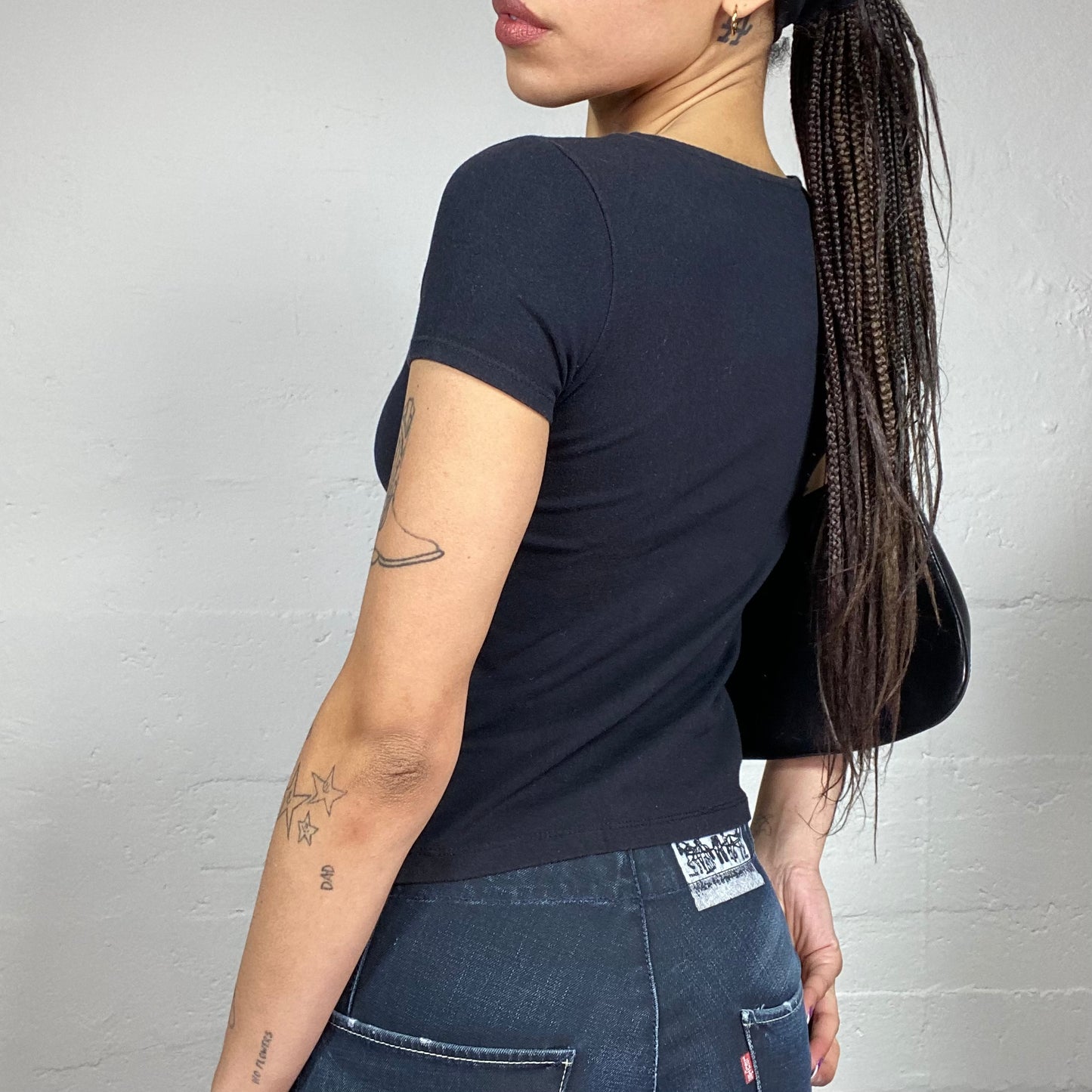 Vintage 2000's Playboy Downtown Girl Black Top with Fuchsia Brand Logo Embroidery (S)