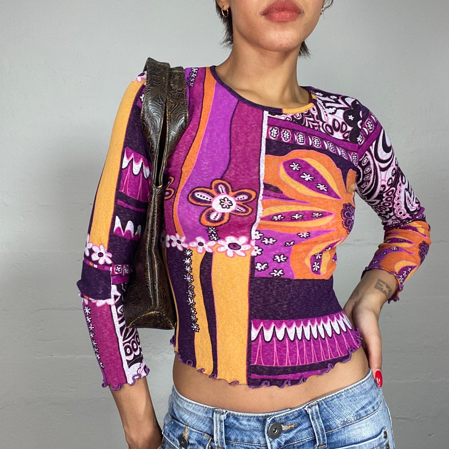 Vintage 2000's Funky Purple Longsleeve Top with Orange Floral Print (S/M)