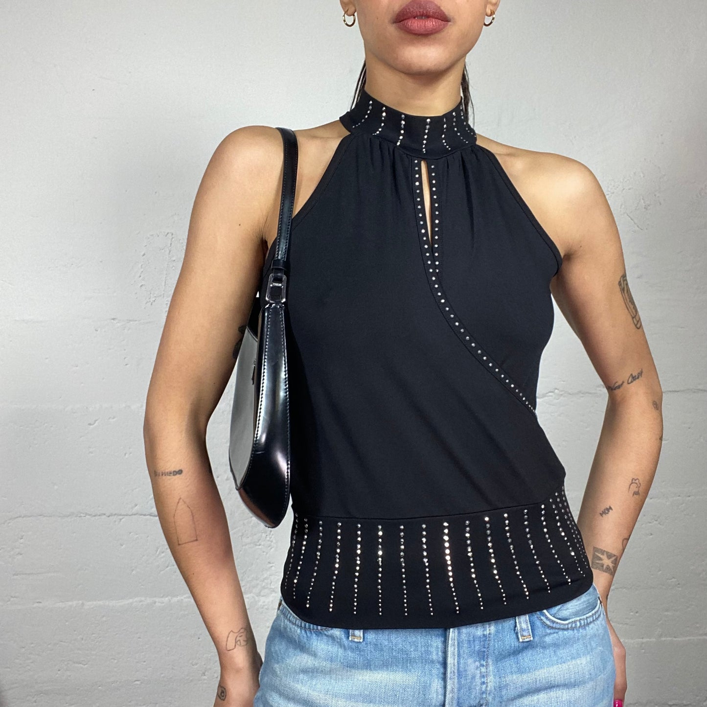 Vintage 2000's Clubwear Black Highneck Top with Silver Studed Details (S/M)