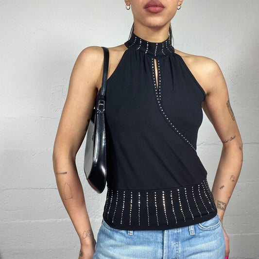 Vintage 2000's Clubwear Black Highneck Top with Silver Studed Details (S/M)