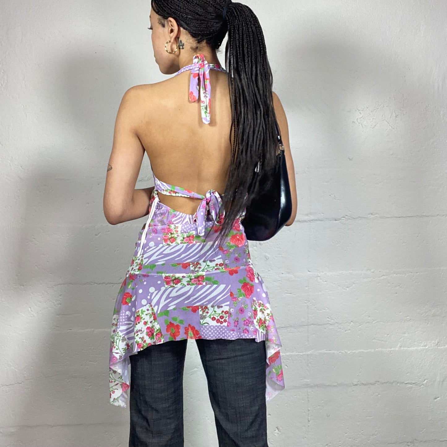Vintage 2000's Festive Lilac Neckholder Long Top with Patched Print and Frilled Bottom Detail (S)