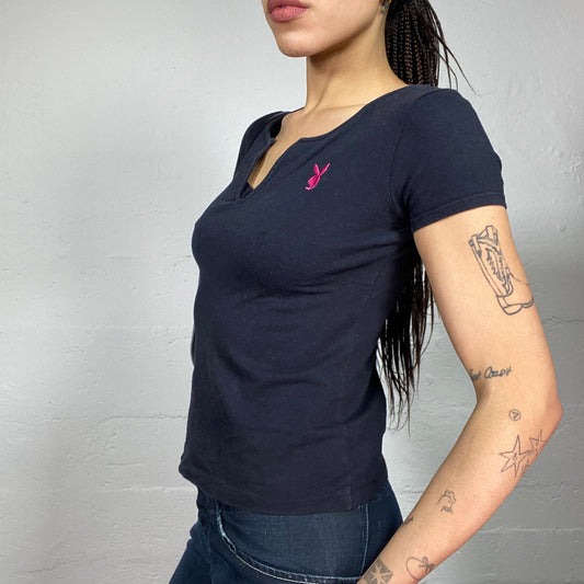 Vintage 2000's Playboy Downtown Girl Black Top with Fuchsia Brand Logo Embroidery (S)