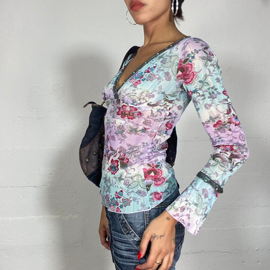 Vintage 90's Boho Blue Longsleeve Top with Pink Sakura Flower Print (S/M)