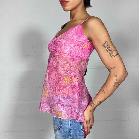Vintage 2000's Hippie Hot Pink Top with Paisley Print (S)