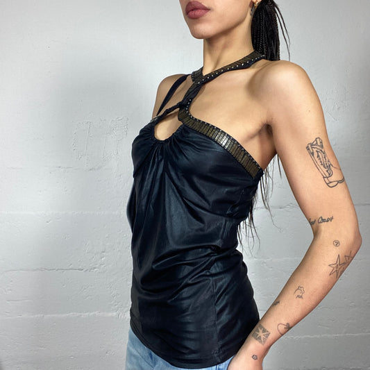 Vintage 2000's Morgan Clubwear Black Satin Neckholder Top with Tied Up Charms Lining Details (S)