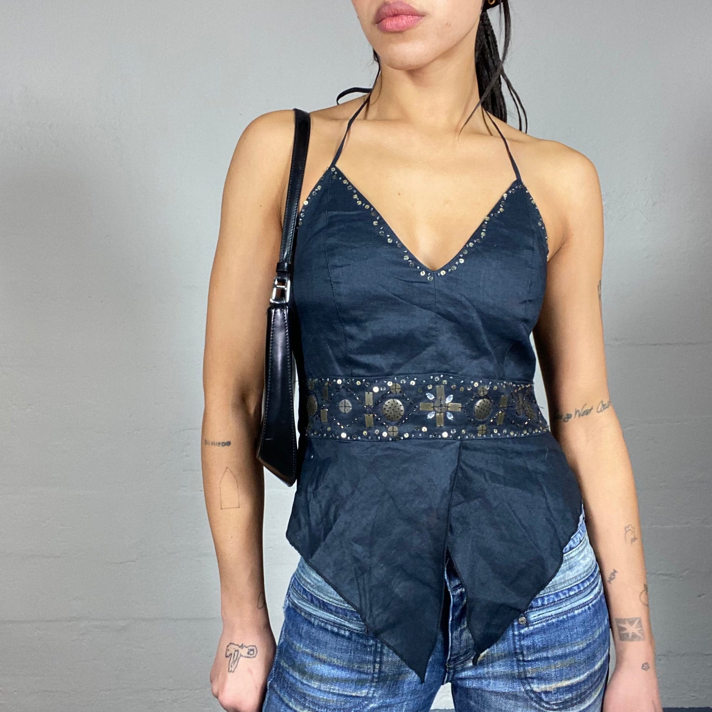 Vintage 2000's Clubwear Black Neckholder Top with Studed Charms Detail (S/M)