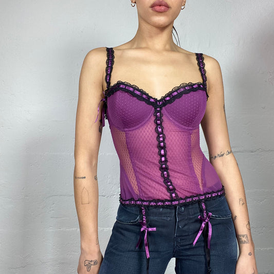 Vintage 2000's Vampy Lingerie Purple Mesh Top with Lace and Ribbon Detail (S)