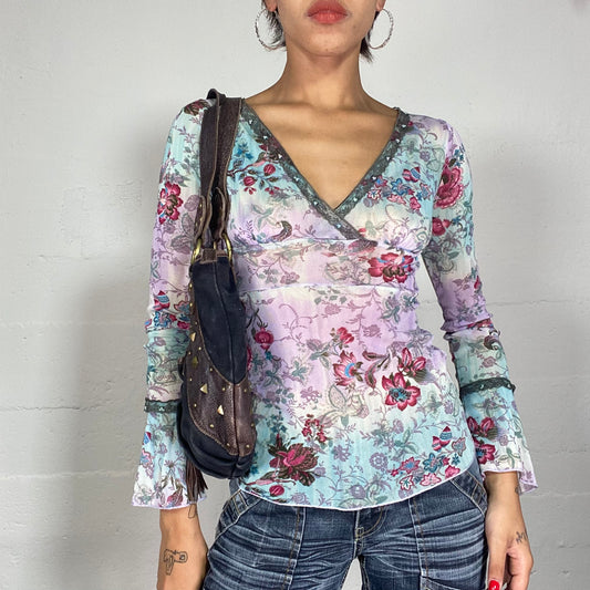 Vintage 90's Boho Blue Longsleeve Top with Pink Sakura Flower Print (S/M)