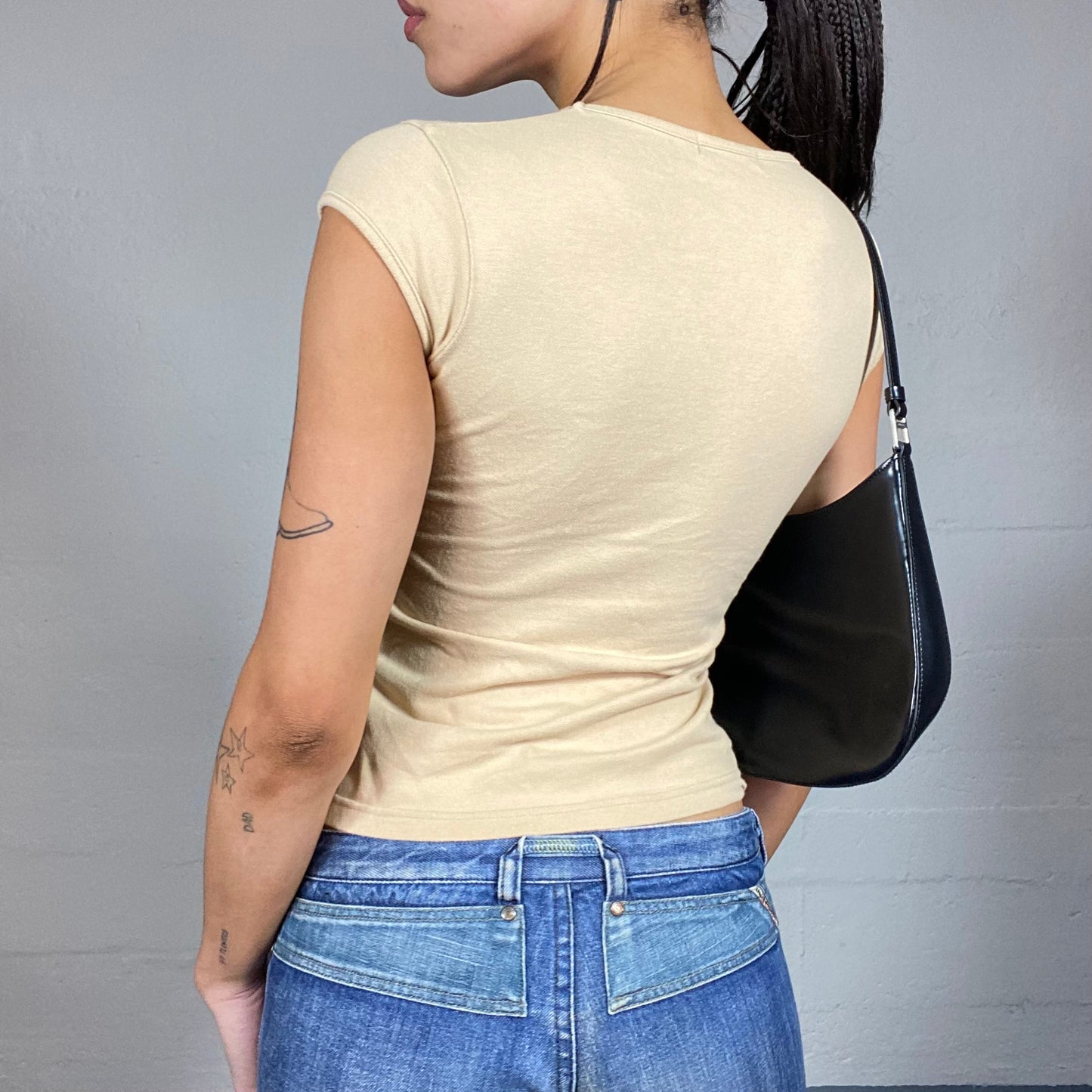 Vintage 2000's Downtown Girl Beige Top with Lace Up Detail (XS)
