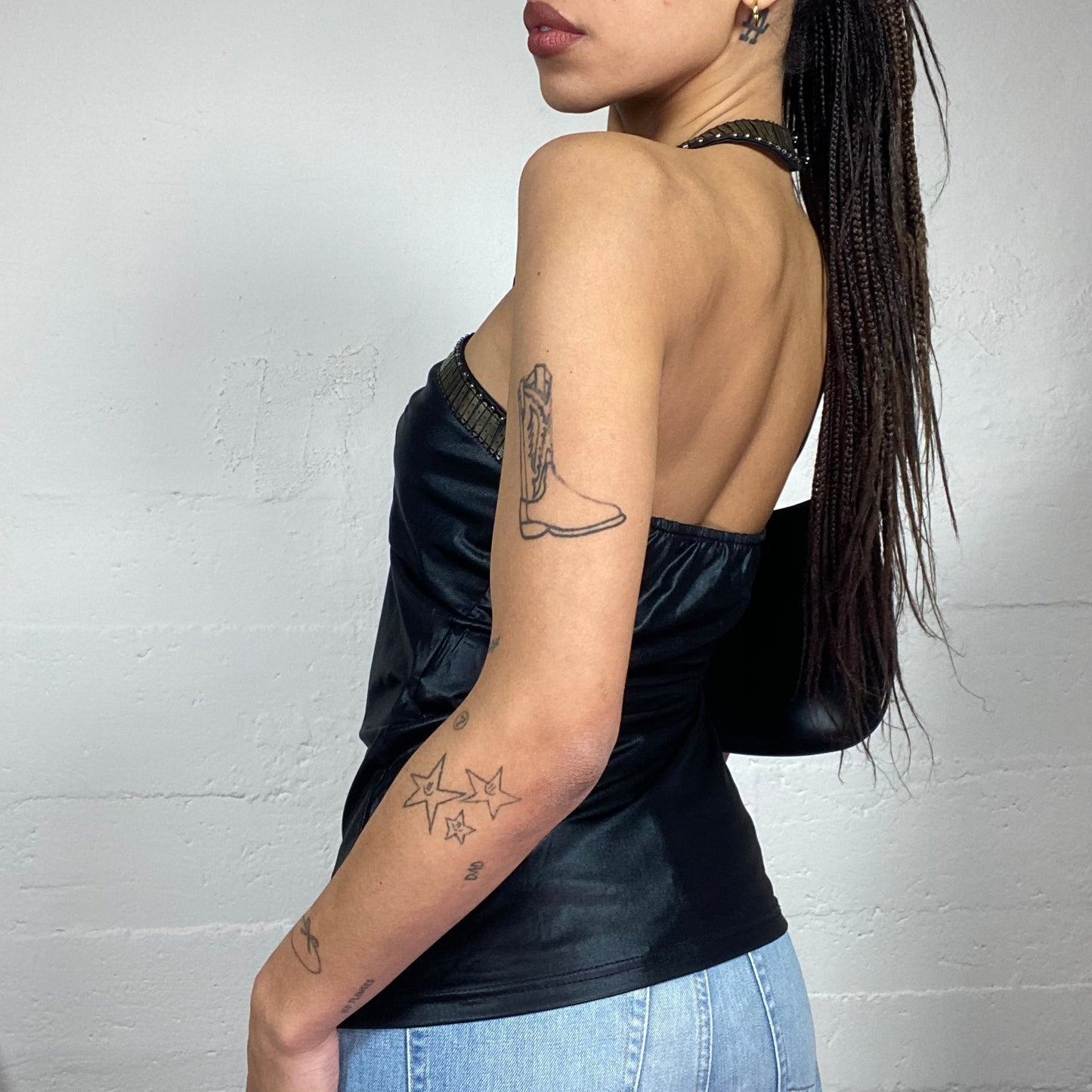 Vintage 2000's Morgan Clubwear Black Satin Neckholder Top with Tied Up Charms Lining Details (S)