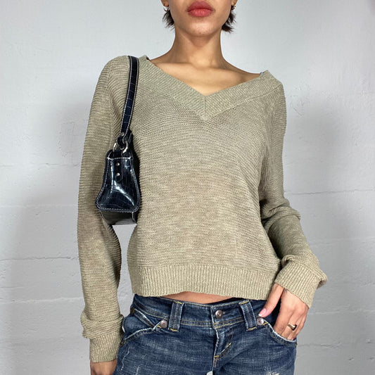 Vintage 2000's Whimsgoth Khaki Knitted Oversized Sweater with V-Neck Detail (S/M)