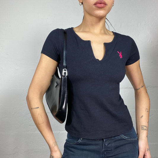 Vintage 2000's Playboy Downtown Girl Black Top with Fuchsia Brand Logo Embroidery (S)