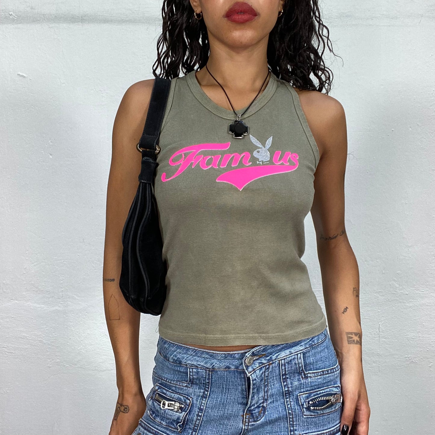 Vintage 2000's Playboy Downtown Girl Khaki Top with Neon Pink "Famous" Print (S/M)