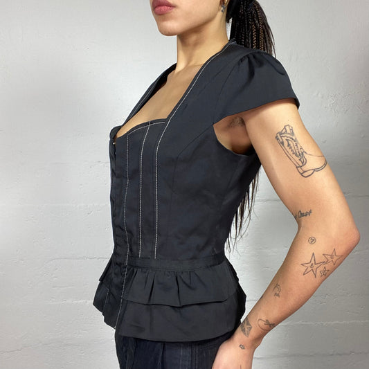 Vintage 2000's Corpcore Black Corset Top with Frilled Bottom (M)