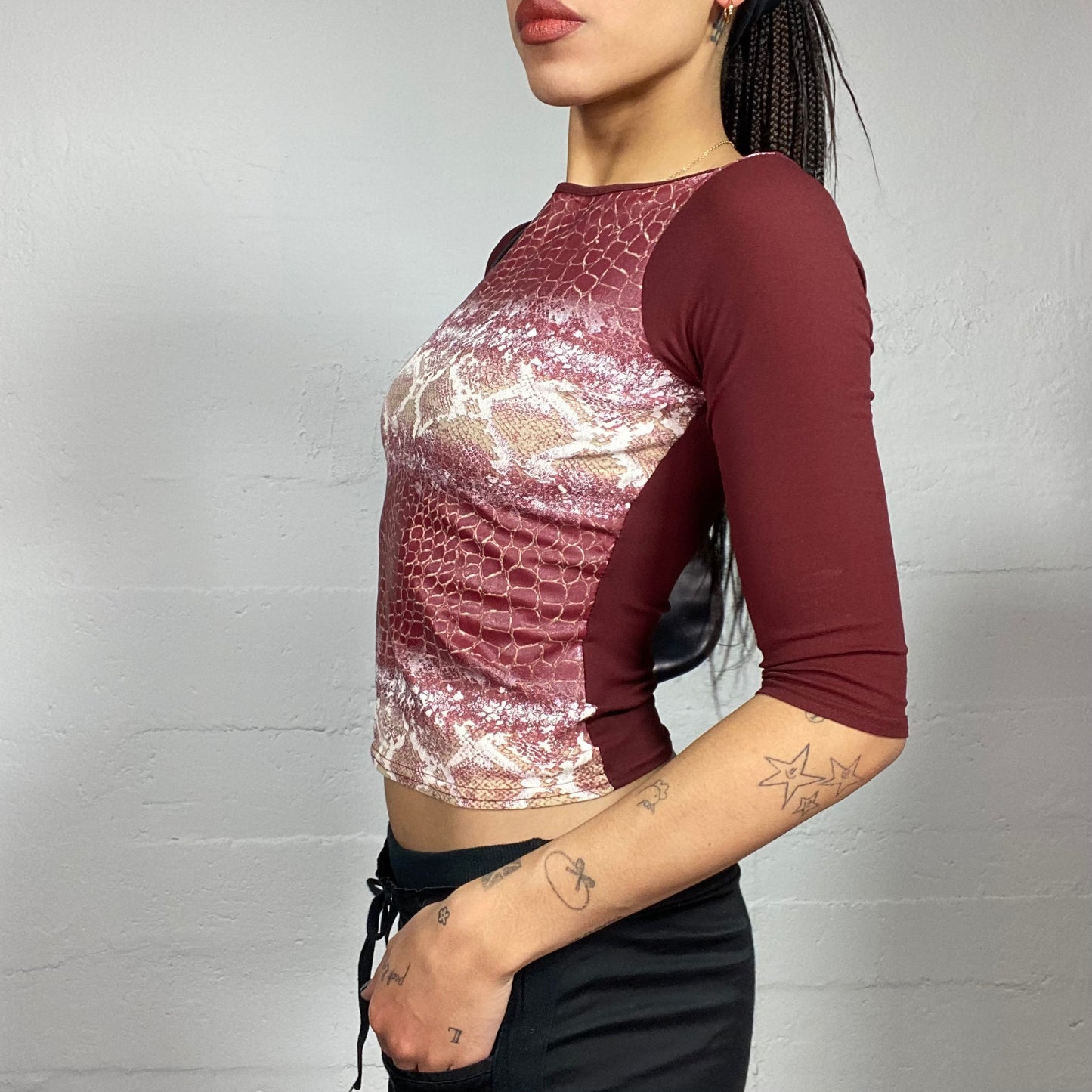 Vintage 2000's Clubwear Bordeaux 3/4 Sleeves Top with Serpent Print (S)