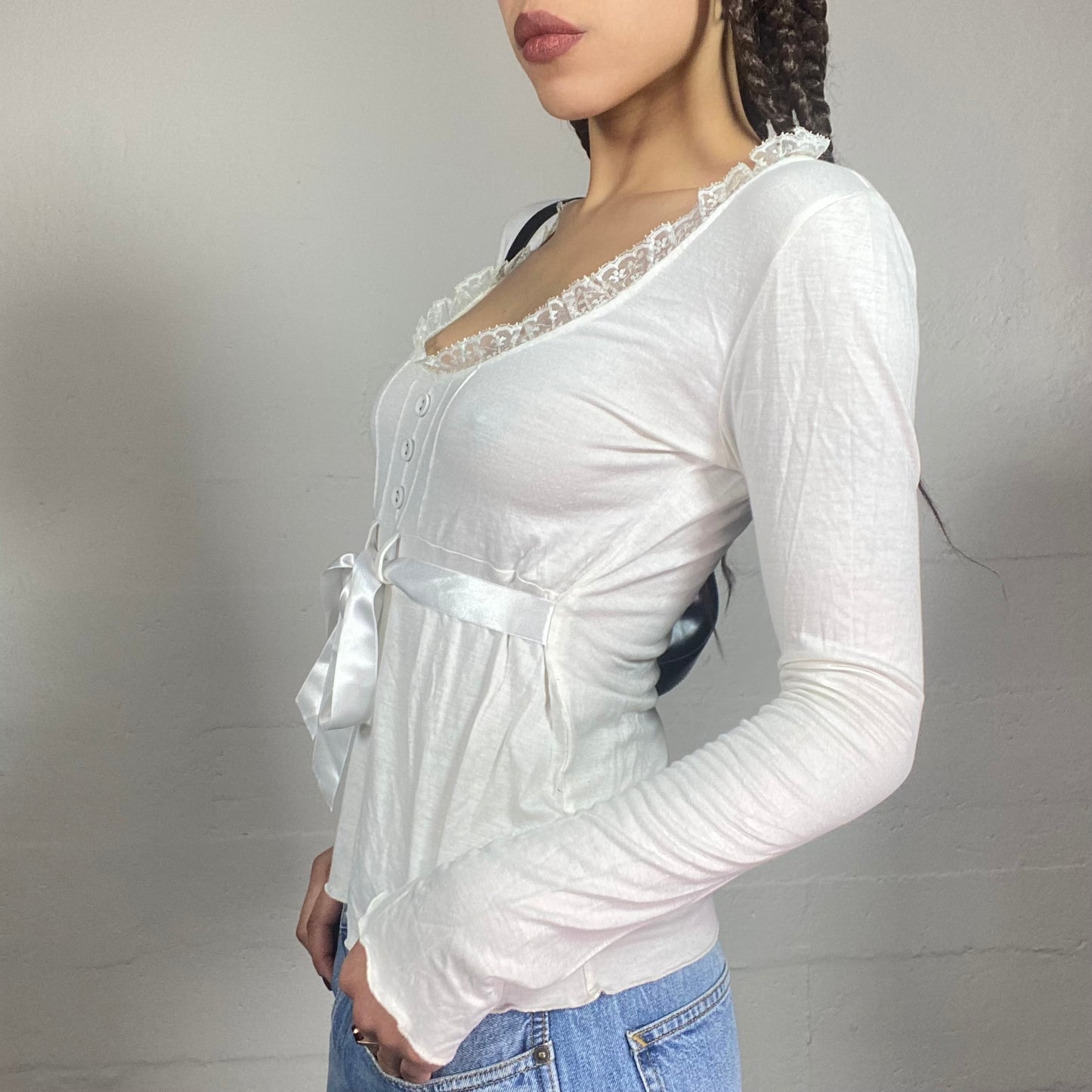 Vintage 2000's Soft Girl White Longsleeve Top with Satin Lace Up Trim Detail (S)