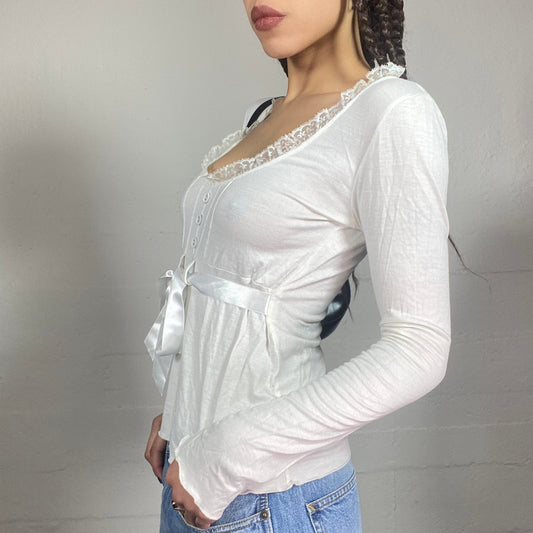 Vintage 2000's Soft Girl White Longsleeve Top with Satin Lace Up Trim Detail (S)
