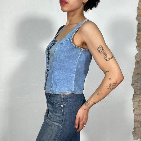 Vintage 2000's Western Denim Corset Top with Lace Up Detail (M)