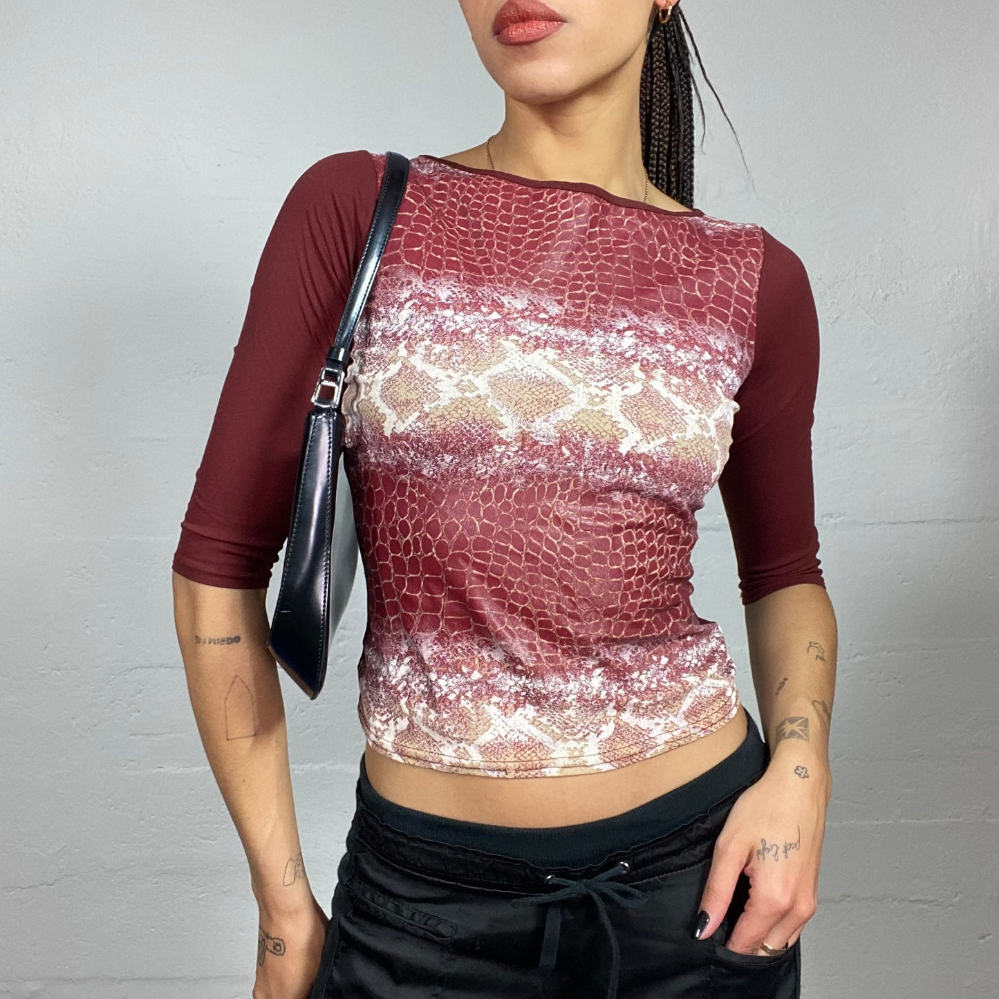 Vintage 2000's Clubwear Bordeaux 3/4 Sleeves Top with Serpent Print (S)