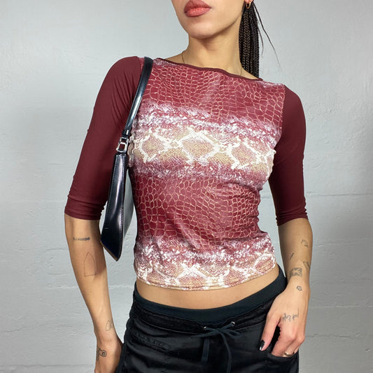 Vintage 2000's Clubwear Bordeaux 3/4 Sleeves Top with Serpent Print (S)