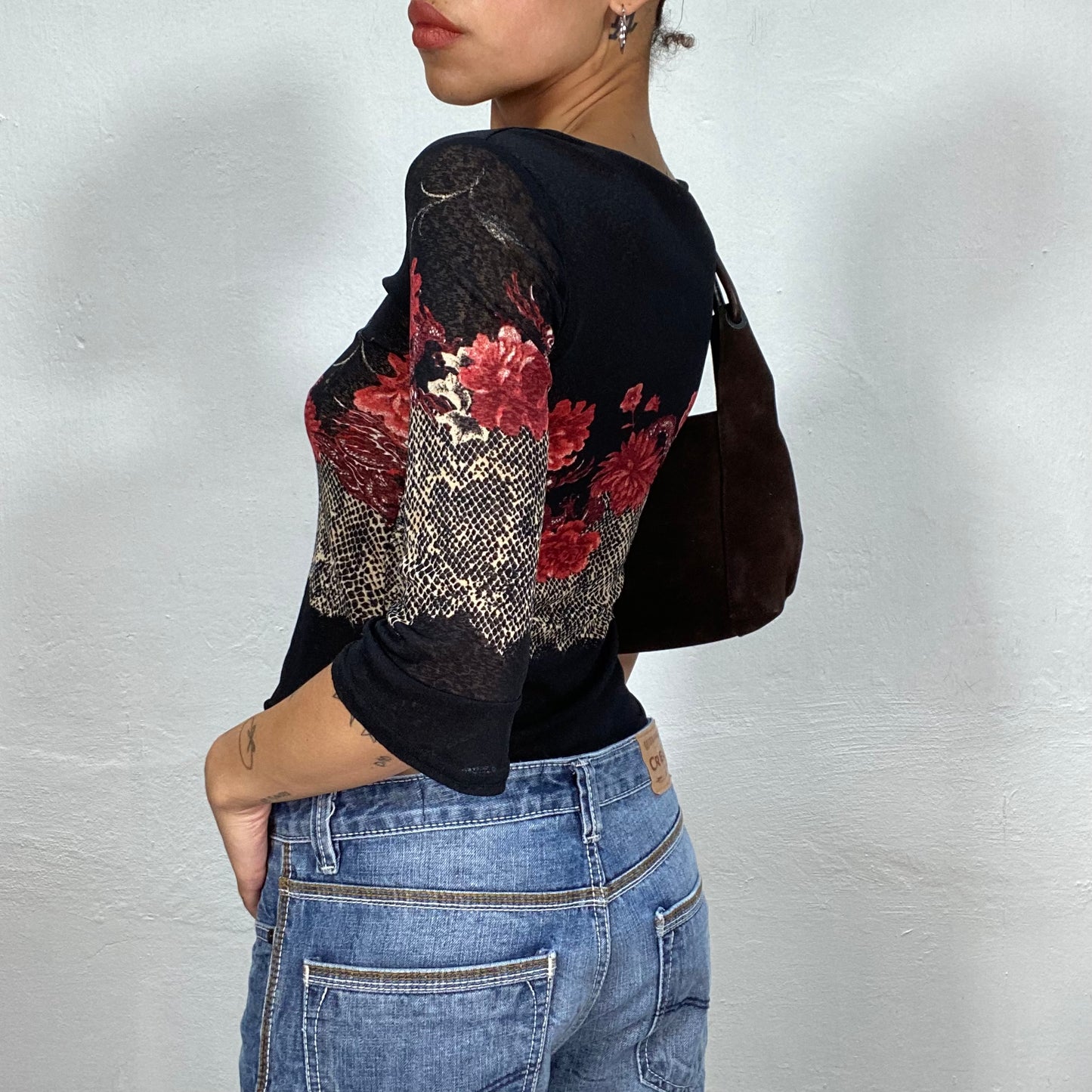 Vintage 2000's Romantic Black Midi Sleeve Top with Rose and Snake Skin Print (S)