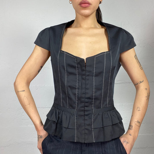 Vintage 2000's Corpcore Black Corset Top with Frilled Bottom (M)