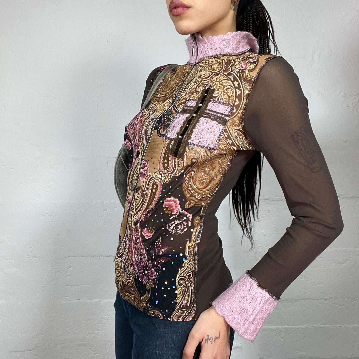 Vintage 2000's Hippie Pink and Brown Zip Up Sweater with Knitted Patches and Floral Print with Strass Detail (S)