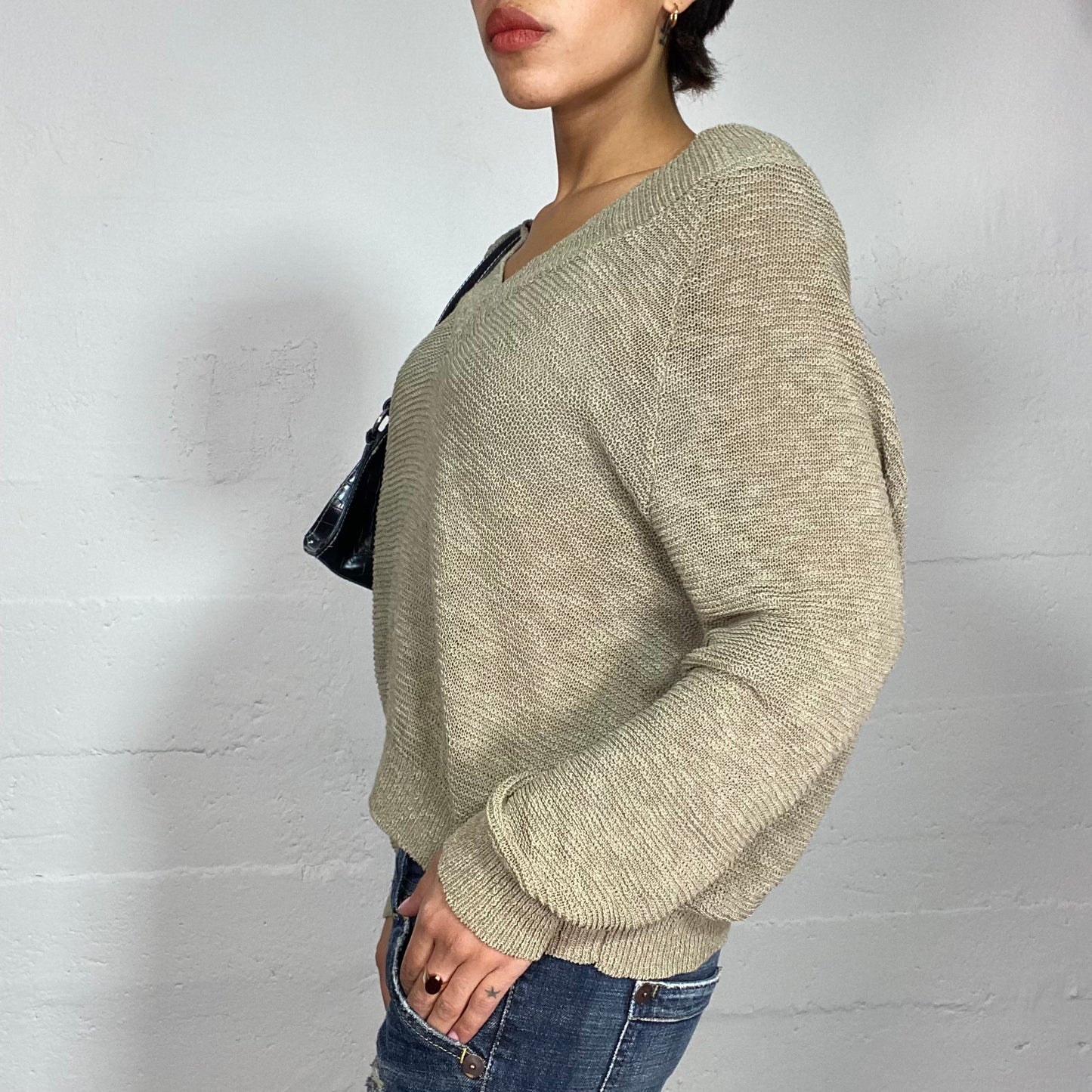 Vintage 2000's Whimsgoth Khaki Knitted Oversized Sweater with V-Neck Detail (S/M)