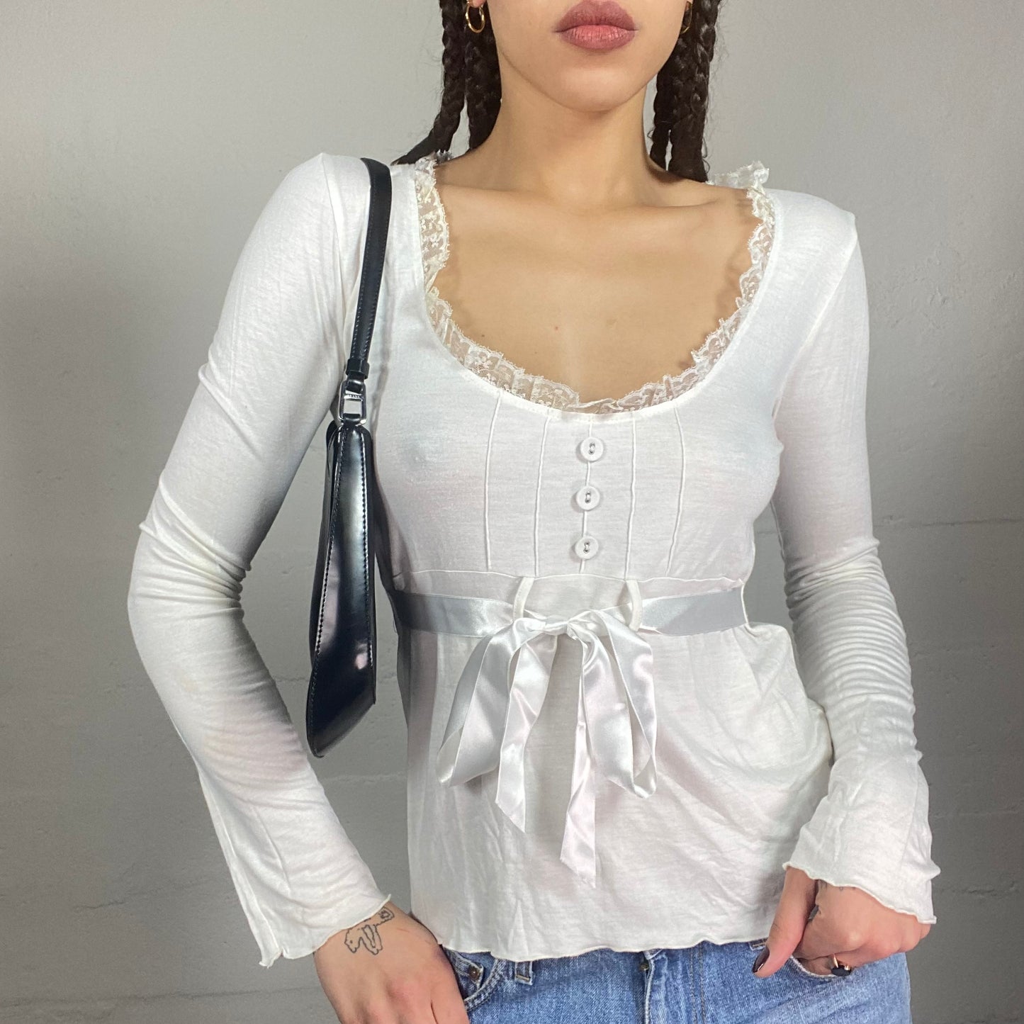 Vintage 2000's Soft Girl White Longsleeve Top with Satin Lace Up Trim Detail (S)