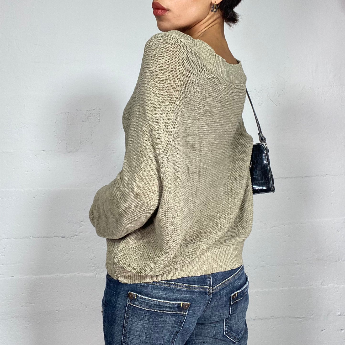 Vintage 2000's Whimsgoth Khaki Knitted Oversized Sweater with V-Neck Detail (S/M)