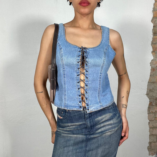 Vintage 2000's Western Denim Corset Top with Lace Up Detail (M)